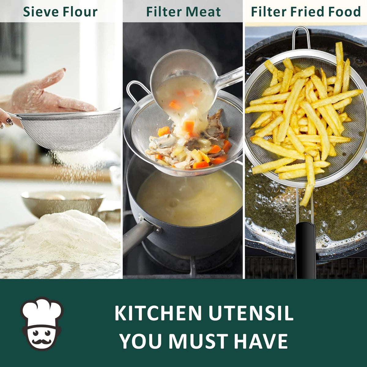 Yimi Fine Mesh Strainers Skimmers Set of 4, Stainless Steel Sieve Strainer Wire Sifter Colanders with Anti-Scald Handle,Kitchen Utensil Ideal for Strain Pasta Quinoa Rice, Ideal for Gift