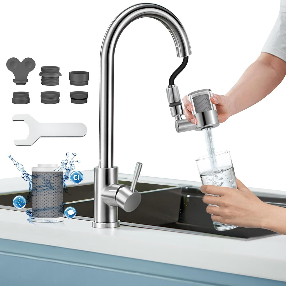 CECEFIN Swivel Water-Filter for Sink-Faucet - Faucet Mount Water Filtration System, Carbon Purifier Reduces 99% Chlorine, Last 528 Gallons Tap Water, Fits Most Pull Out Kitchen/Bathroom/RV Faucets