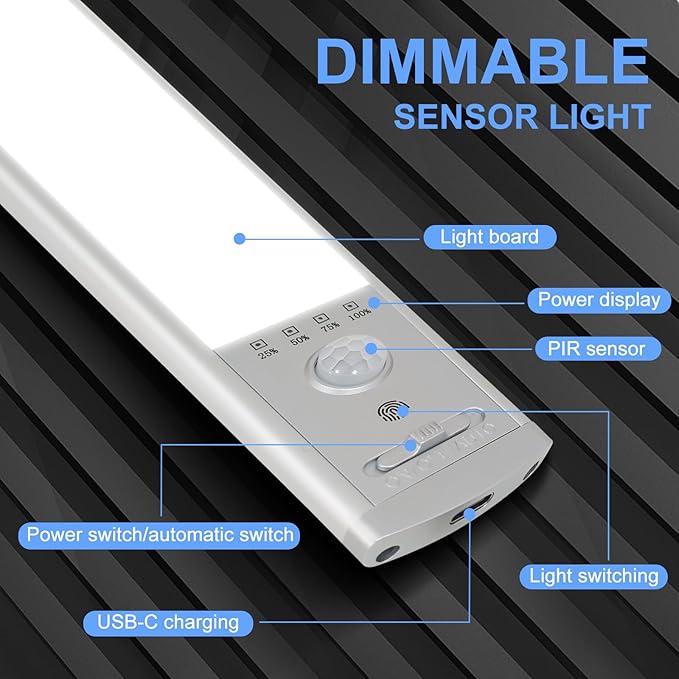 Under Cabinet Lighting, 4Pack Motion Sensor Light Indoor with 3 Color Temps, Rechargeable Under Counter Lights for Kitchen,Dimmable Closet Lights Battery Operated, 88 LED Motion Sensor Light Indoor
