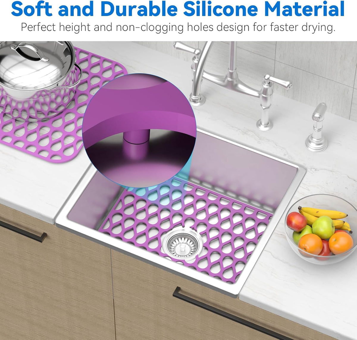 Sink Protectors for Kitchen Sink, 13.58"x 11.6" 2PCS Dish Rack, Protect from Stains, Damage, Scratches, Dishwasher Safe Grid, Silicone Mat for Kitchen Purple