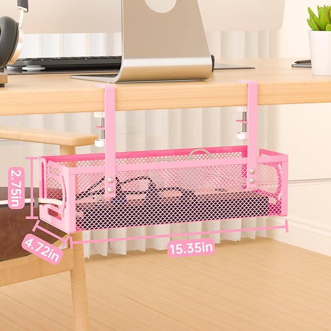 Under Desk Cable Management Tray, 15.7'' No Drill Steel Desk Cable Organizers, Wire Management Tray Cable Management Rack (2 Pack-Pink)