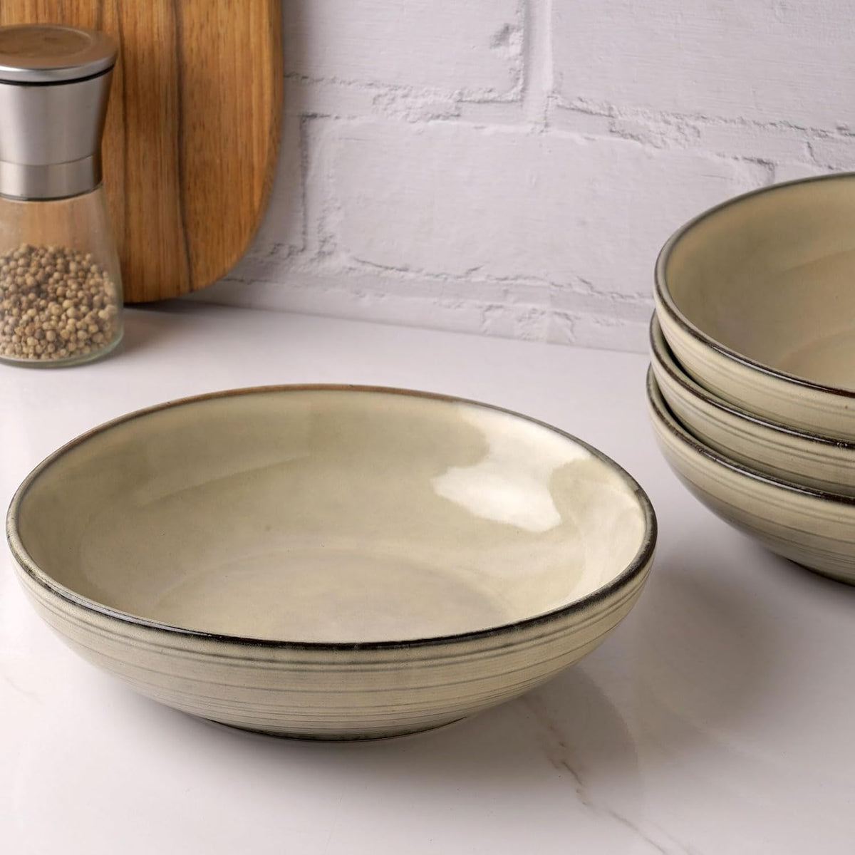 famiware Tempus Pasta Bowls Set of 4, 40 oz Bowls for Kitchen, Stoneware Deep Serving Bowls, Dishwasher & Microwave Safe Bowls for Cereal, Salad, Soup, Dessert etc - Castle Wall