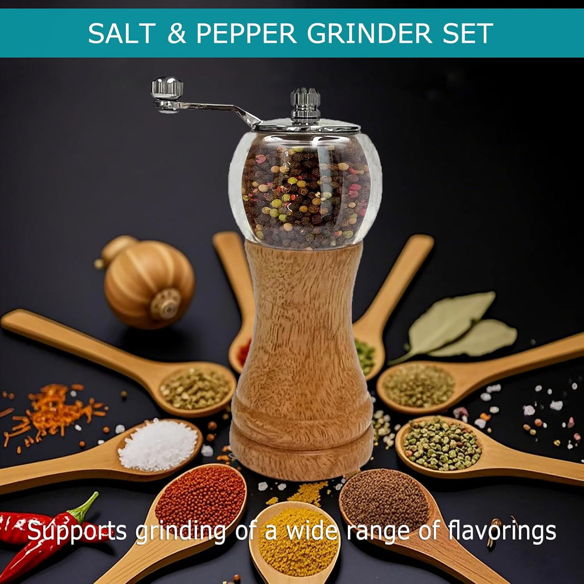 Pepper Mills Set Manual Pepper Grinder, Classical Hand Shake Pepper Grinder Set, Wooden Salt & Pepper Mill Ceramic Blades Metal Handle Sea Salt Mills, Enjoy Fresh Ground Pepper Various Spices