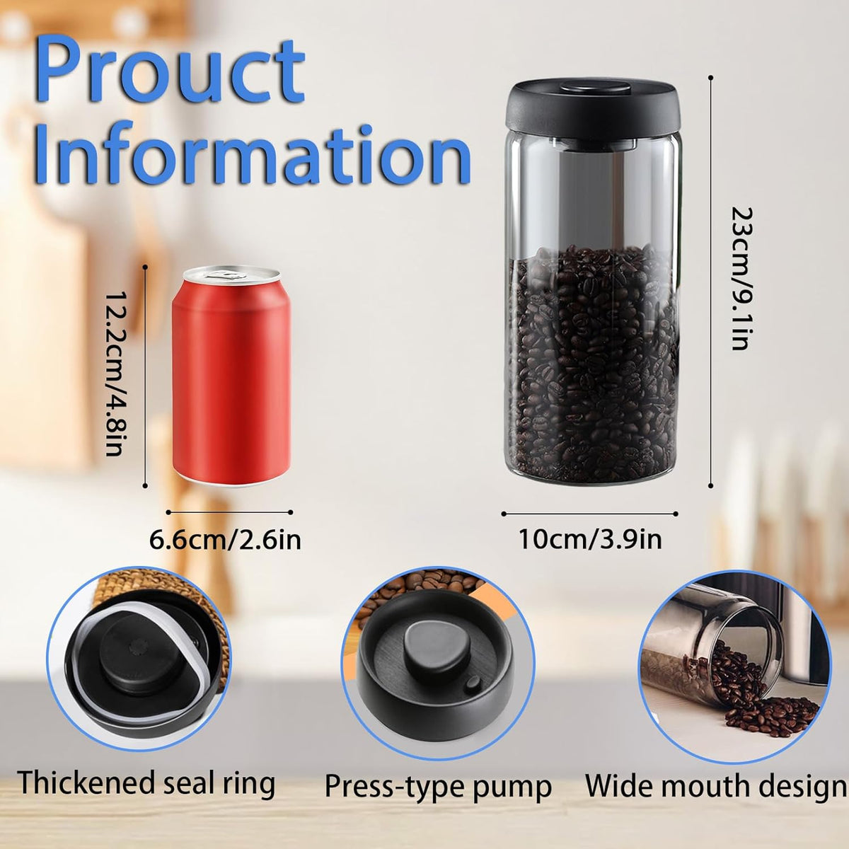 Vacuum Coffee Canister,2PCS 61FLOZ Borosilicate Glass Jar with Spare Airtight lid, Label & Brush, Coffee Bean Storage for Coffee Beans & Grounds (Shade Glass)
