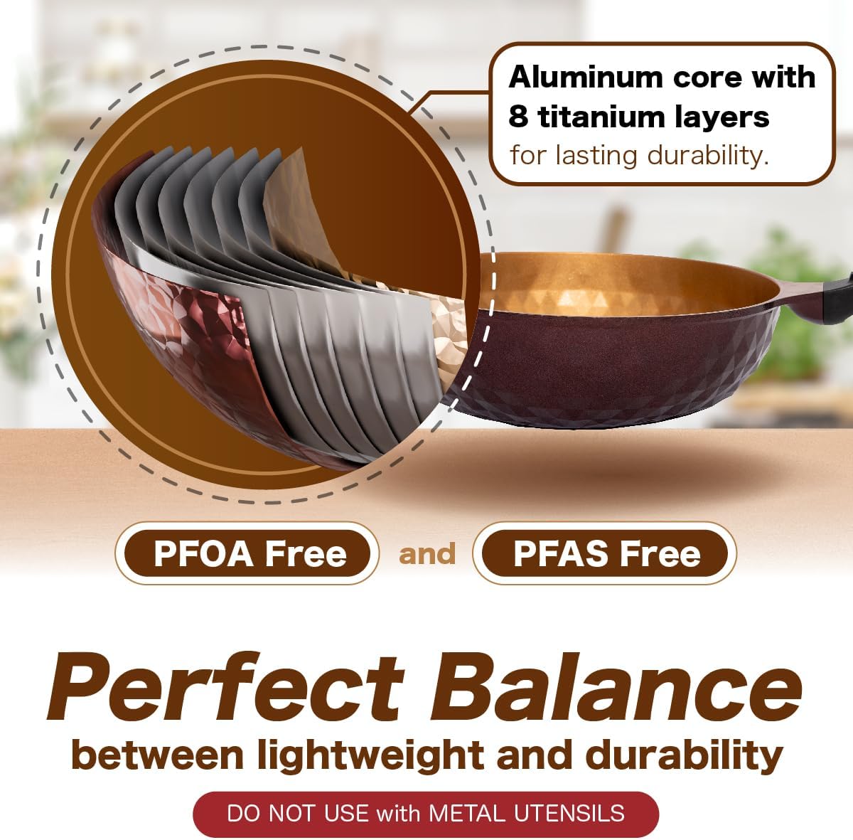 Diamond X Premium Non Stick Wok Pan with Lid - 11" Large Flat Bottom Chinese Wok - Woks & Stir-fry Pans Nonstick - Titanium-Coated 8-Layered Korean Engineered Skillet for Frying, Oil-Free, PFOA-Free