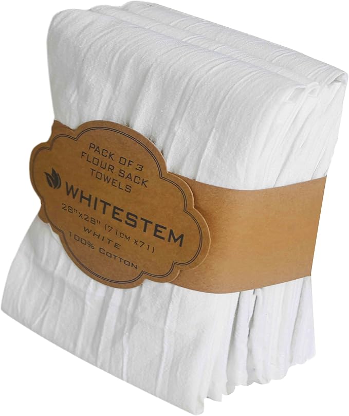 Flour Sack Tea Towel for Crafts| Kitchen Dish Cotton Blank Towel for Embroidery| Baking Bread Proofing Linen Cover| Thick Absorbent Quick Dry | 3 Pack 28"x28" White
