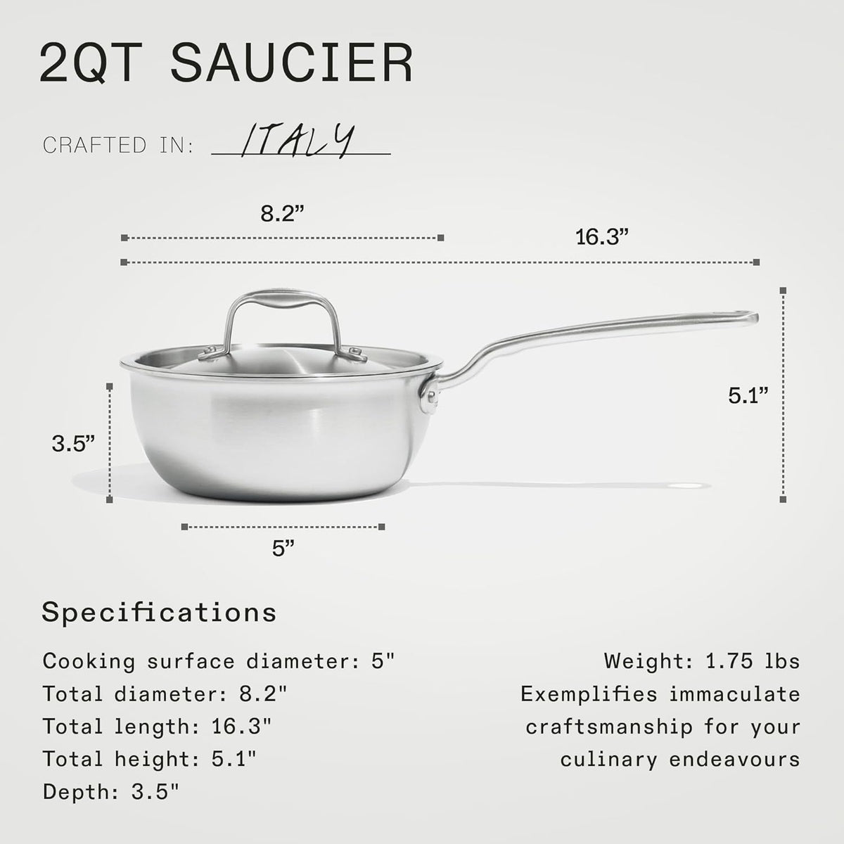 Made In Cookware - 2 Quart Stainless Steel Saucier Pan - 5 Ply Stainless Clad - Professional Cookware - Crafted in Italy - Induction Compatible