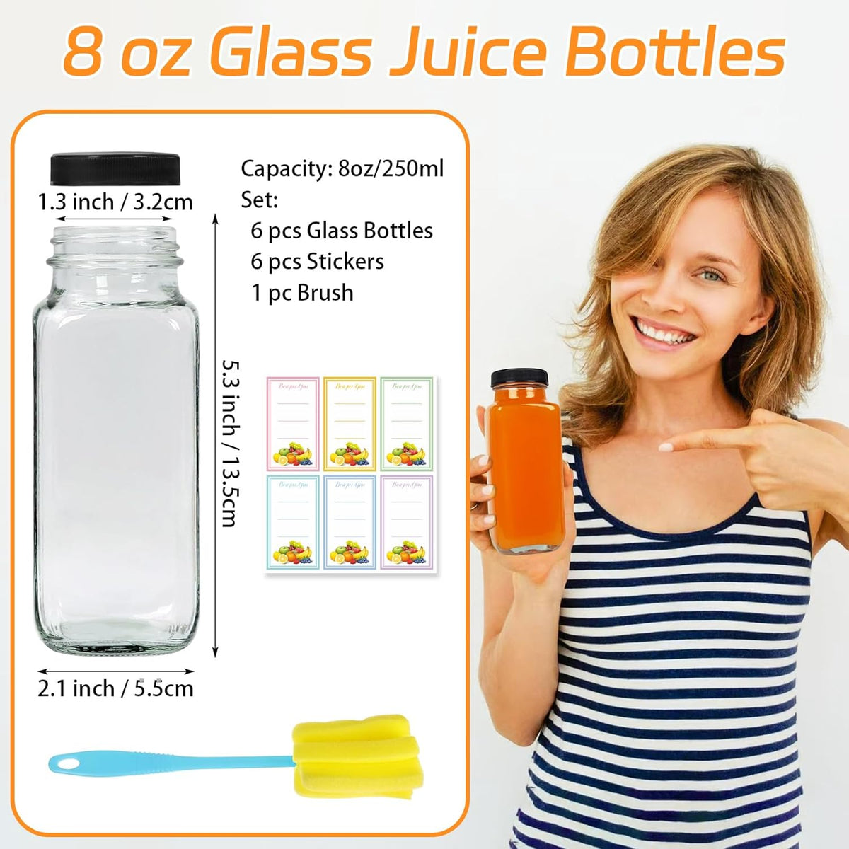 6 Pack 8oz Glass Juice Bottles with Lids, 250ml Reusable Glass Juicing Bottles, Square Drinking Jars Drink Containers with Caps for Water, Milk, Ginger, Kombucha, Beverages