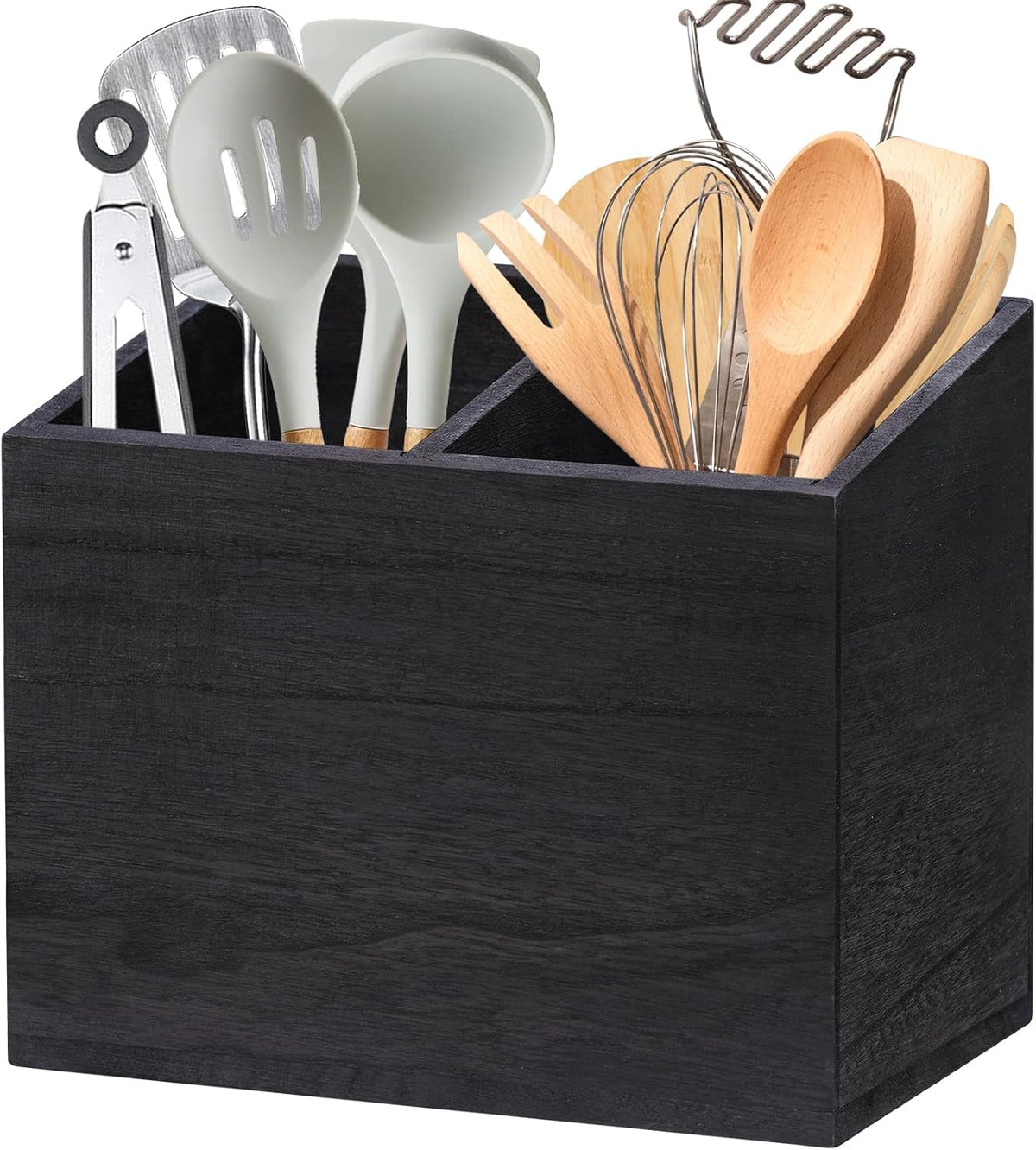 Wooden Kitchen Utensil Caddy With 2 Compartments, Rustic Utensil Holder for Kitchen Countertop, Wood Utensil Crock Organizer Box for Farmhouse Kitchen Decor (black)