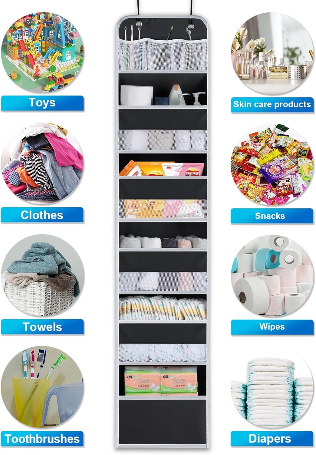 Over the Door Organizer Storage - 6 Tier Hanging Storage shelves Door Organizer with Pockets, Anti Tilt 44 lb Load Behind Door Organizer for Bedroom,Nursery,Bathroom,Kitchen,Dorm,Shoe - 1 Pack, Black