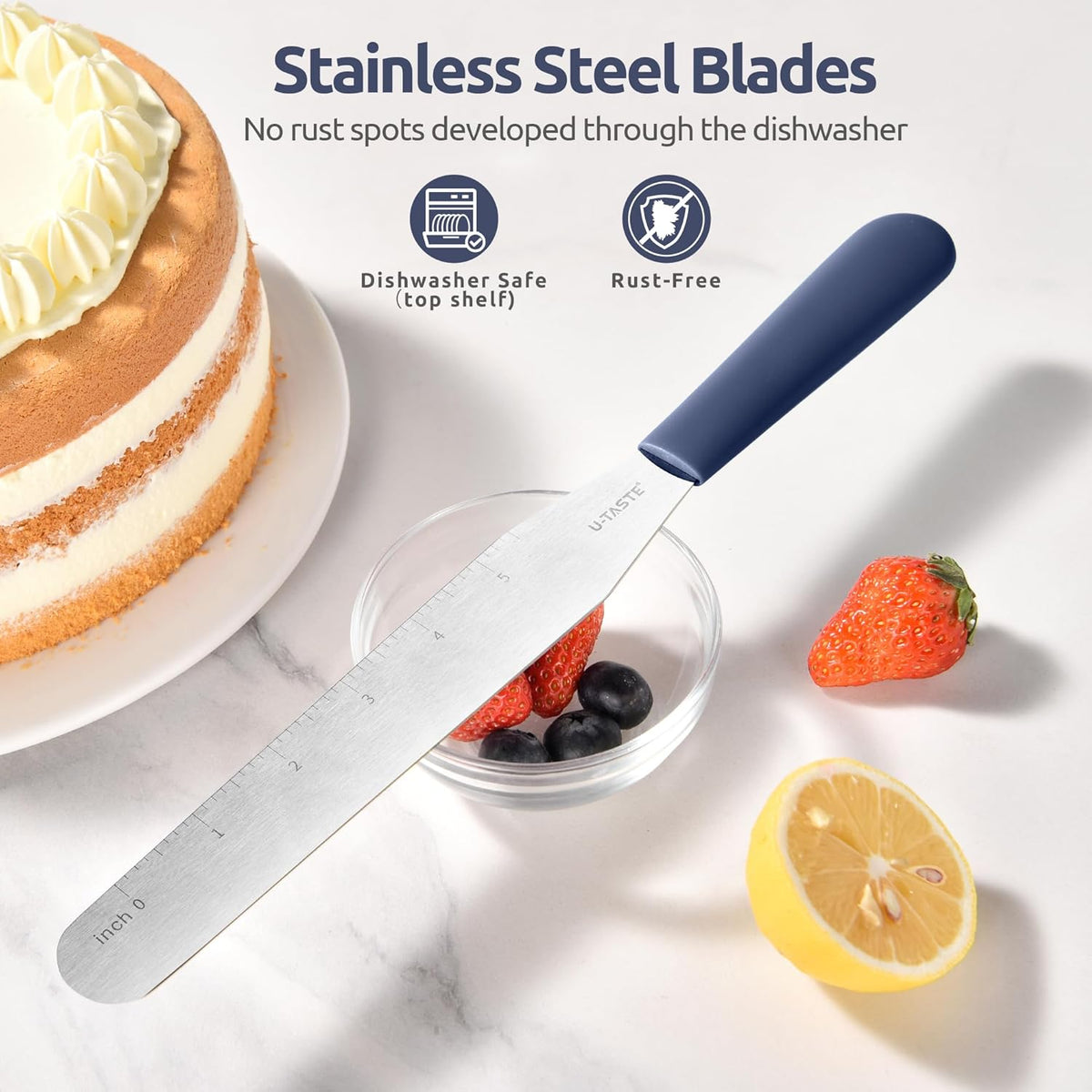 U-Taste 8in Cake Icing Spatula: Flexible Decorating Frosting Knife with Straight Thinner Stainless Steel Blade, Smooth Spreading Tools with Comfortable PP Handle for Cream, Cupcake (Midnight Blue)
