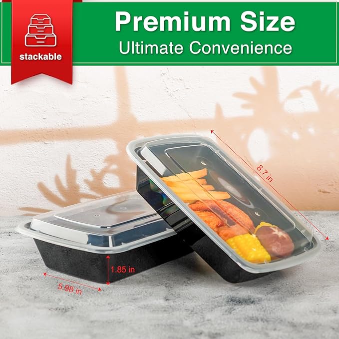 Meal Prep Containers Reusable 15 Pack-34 oz Food Storage Containers with Lids To Go Food Containers Takeout with 15 Forks, Microwave Dishwasher Freezer Safe, BPA Free, Plastic (Black)