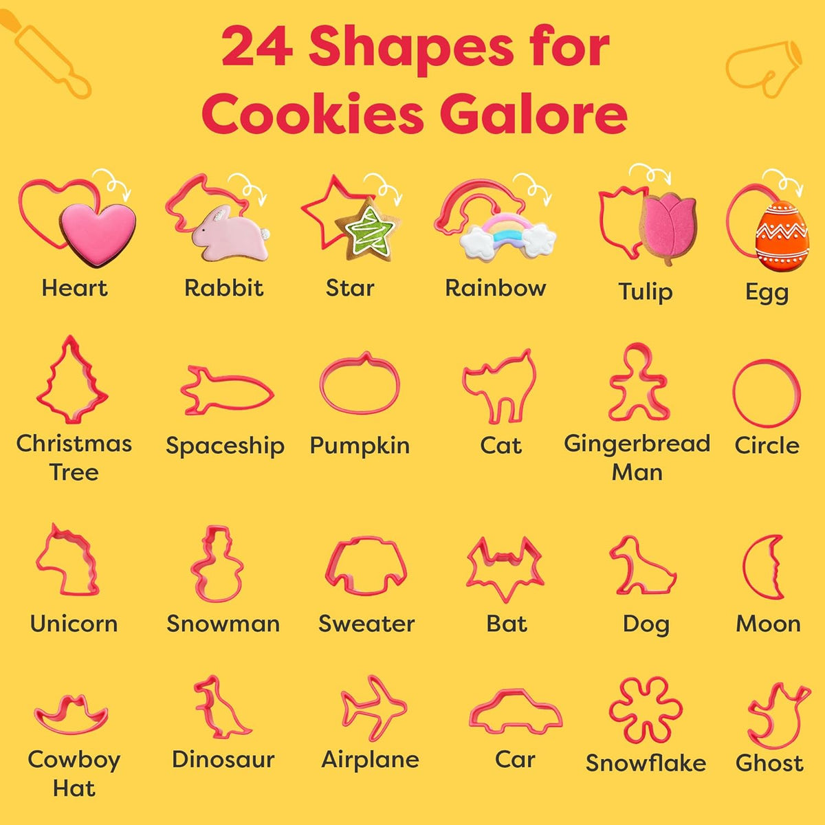 Baketivity Cookie Cutter Set for Kids, 24 Assorted Cookie Cutters of Basic Shapes, Seasonal, and Holiday Themes - with Rolling Pin, Silicone Baking Pan, and Non-Stick Baking Mat - BPA-Free - Ages 4+