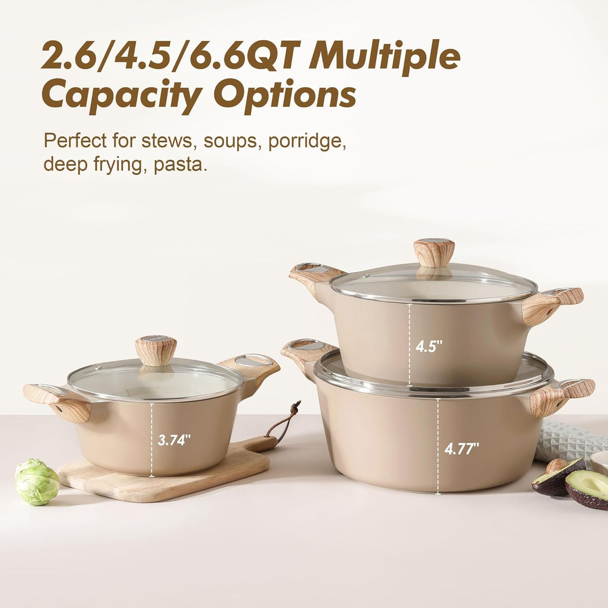 SENSARTE Ceramic Nonstick Stock Pot with Lid, 2.6/4.5/6.6 QT Soup Pot Casserole Pot, Non-toxic Healthy Pasta Pot, Large Cooking Pot Stew Pot, Induction Compatible, PFOA PFAS PTFE Free, Taupe