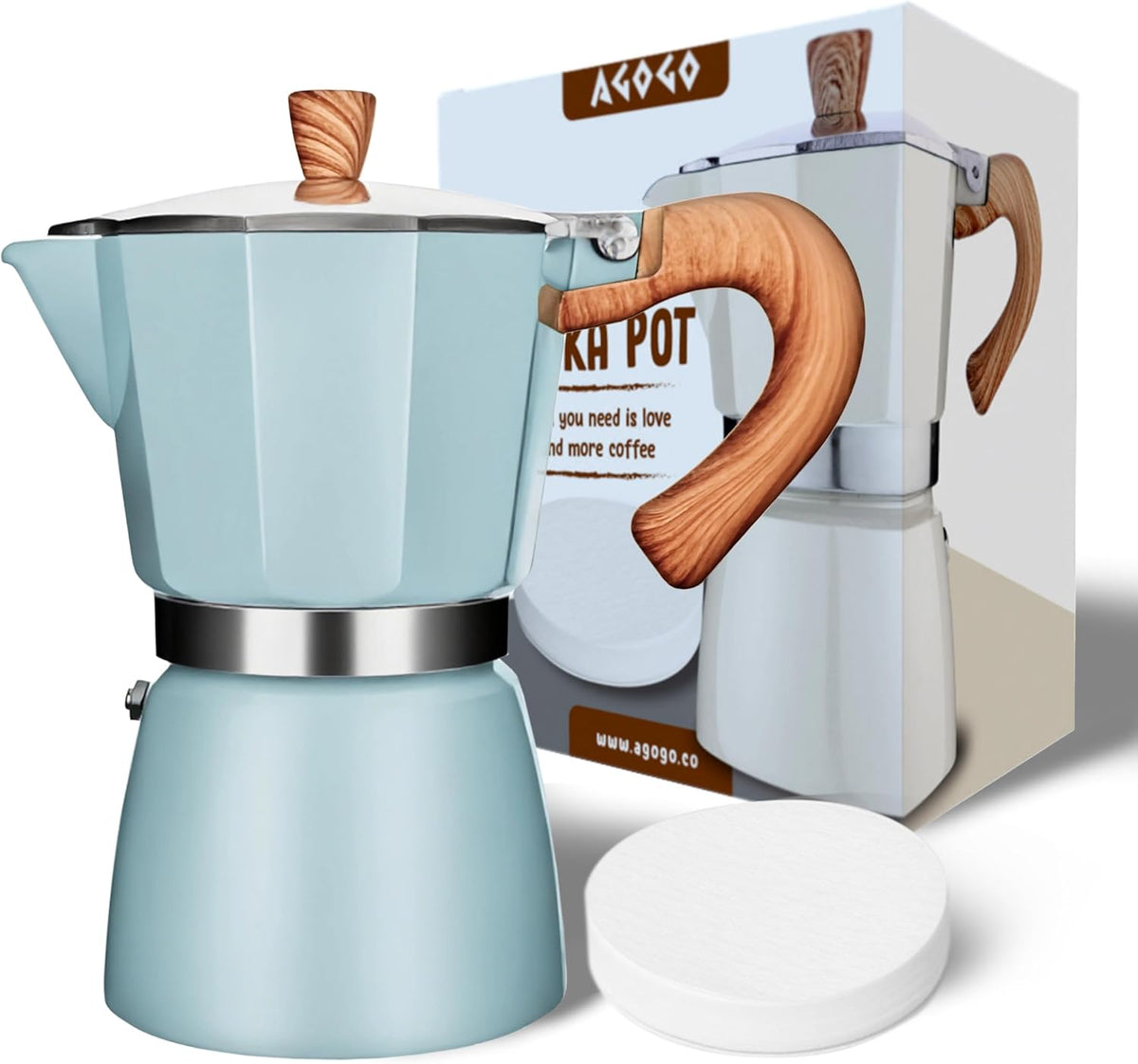 AGOGO Milano Moka pot, Stovetop Espresso maker, Greca Coffee Maker, Stovetop coffee maker and espresso maker percolator With Paper Filter 6 Cup Lake Blue