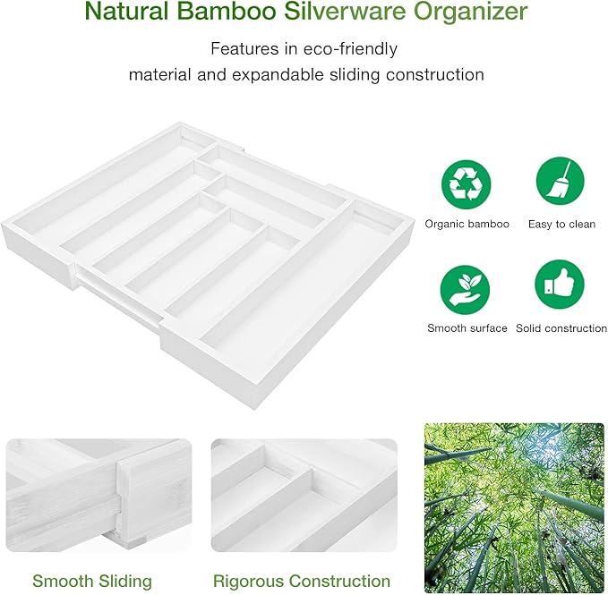 Pipishell Bamboo Expandable Drawer Organizer for Utensils Holder, Adjustable Cutlery Tray, Wood Drawer Dividers Organizer for Silverware, Flatware, Knives in Kitchen, Bedroom, Living Room (White)