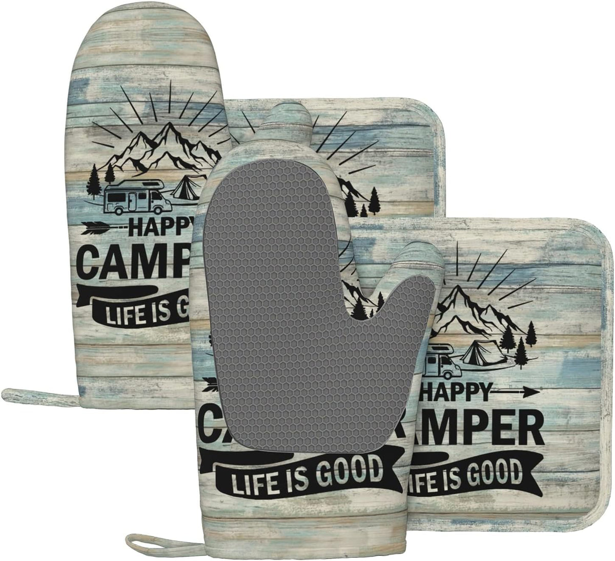 Happy Camper Oven Mitts and Pot Holders Sets of 4,Resistant Hot Pads with Silicone Non-Slip BBQ Gloves for Kitchen,Cooking,Baking,Grilling