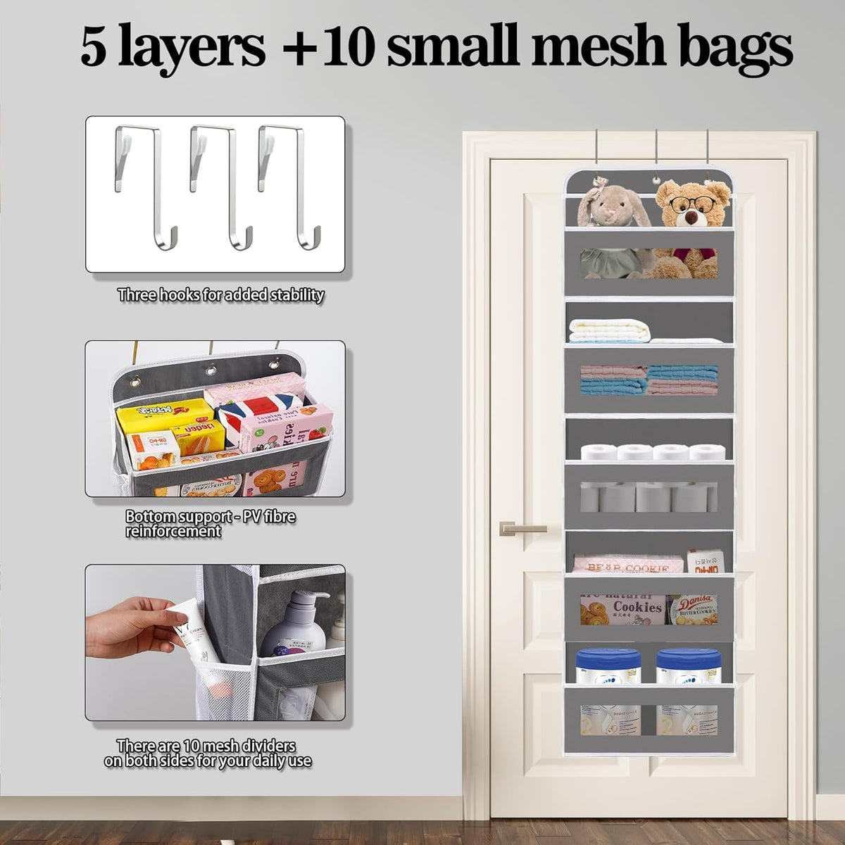 Over The Door Organizer, 5 Shelves Closet Door Hanging Organizer with 10 Mesh Pockets, Nursery Closet Organizer, Baby Essentials, Dorm Room Essentials for Girls