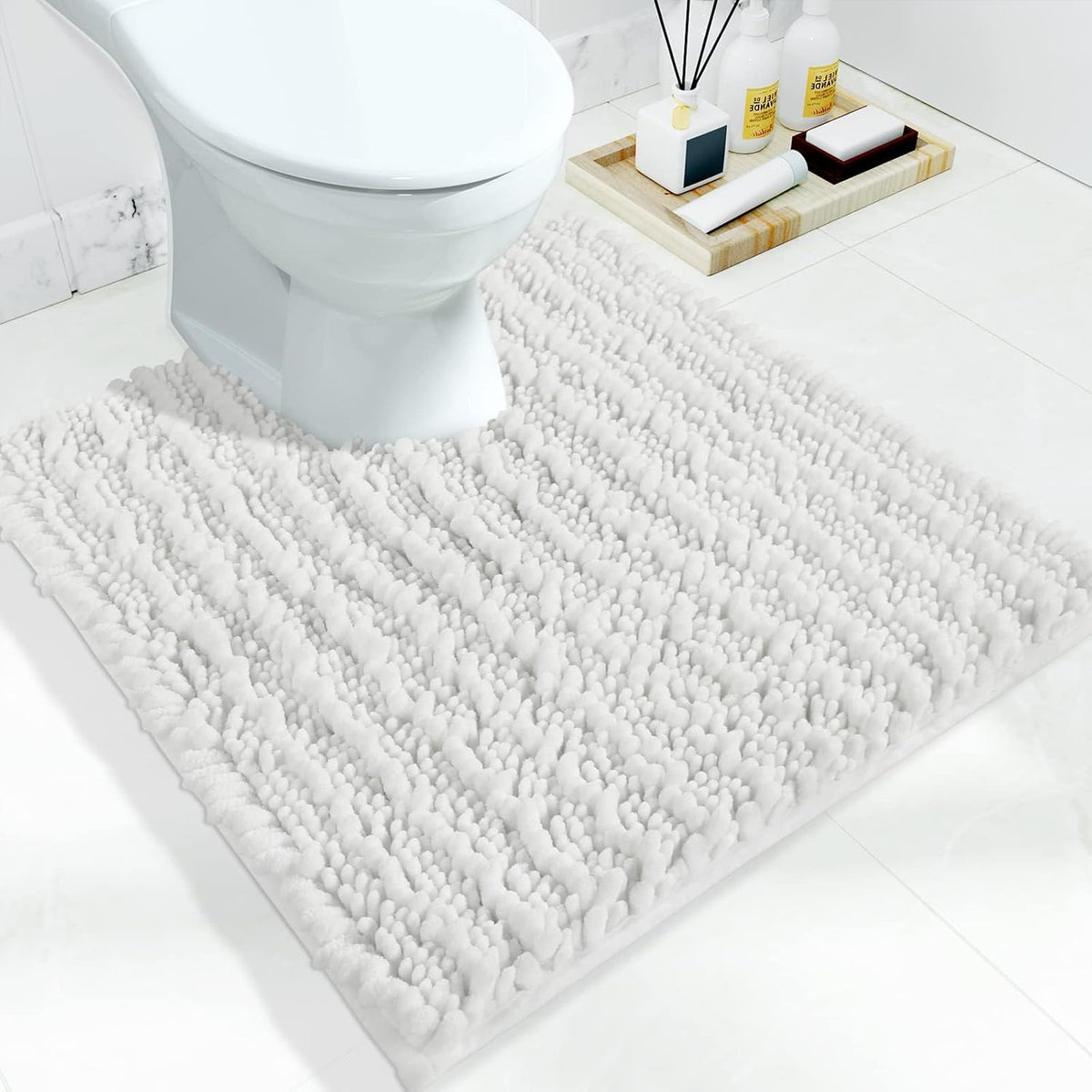 Yimobra Toilet Rug U Shaped Washable 24x20 Inch - Ultra Soft Absorbent Chenille Bath Rugs for Toilet, Quick Dry & Machine Washable, Non Slip Contour Bathroom Mat, White