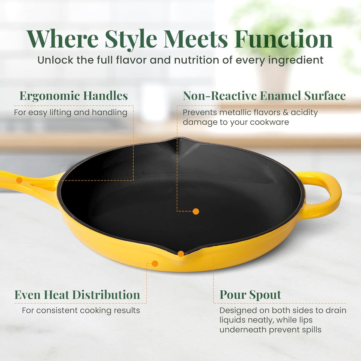 Larder & Vine Enameled Cast Iron Skillet | 10.25 in Cast Iron Pan | Saute Pan with Pour Spouts | Enamel Coated Skillet | Compatible on All Cooktops & Oven Safe to 500F | Limoncello