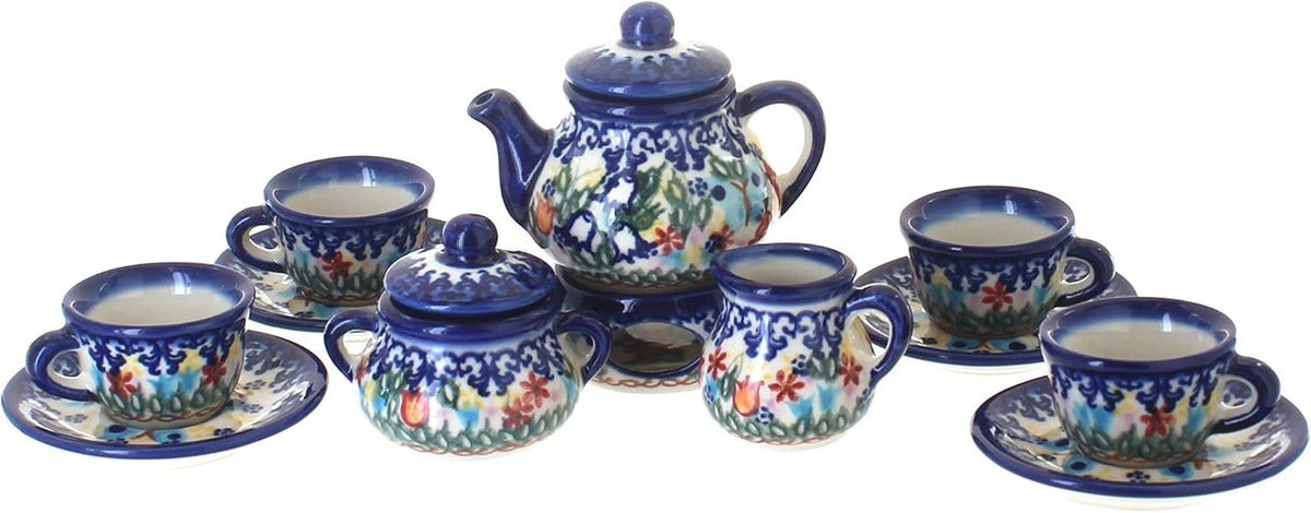 Blue Rose Polish Pottery - Blue Garden of Eden Miniature Tea Set - 1 Set - Polish Pottery Collectible Tea Set with Teapot & Cups, Decorative Gift