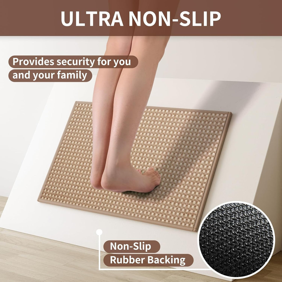 Kitchen Mats for Floor, Super Absorbent Kitchen Rugs Non Slip Washable, Rubber Backing Soft Chenille Braided Kitchen Floor Mat Standing Mat Sink Mat, Easy to Clean, Brown 17"x28"
