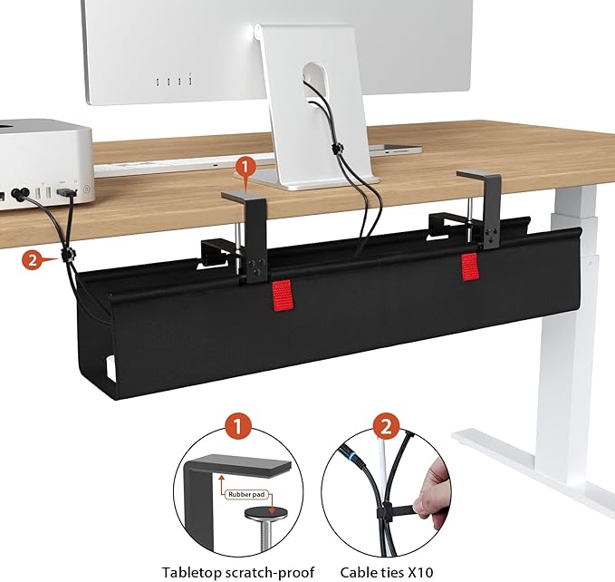 Univivi No Drill Under Desk Cable Management Tray, 28" Cord Organizer for Table, Clamp/Screw Mount Desk Cable Management, Premium Fabric Cable Management Tray for Office, Home
