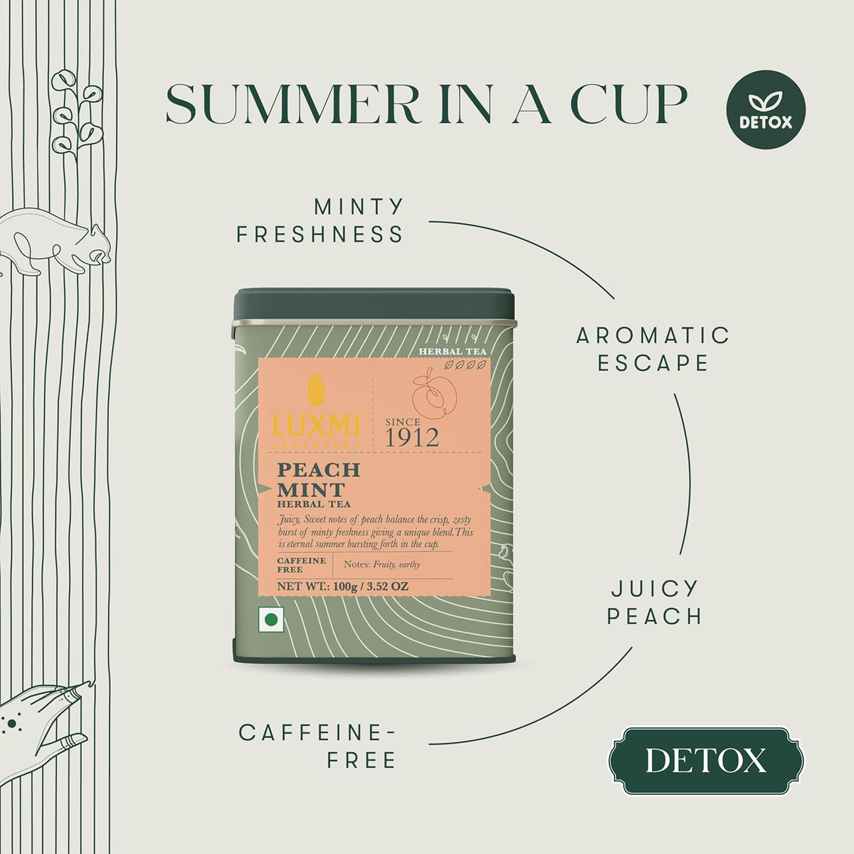 Luxmi Estates - Peach Mint Tea - 100g (50 Cups) | USDA Certified Organic Herbal Tea | Caffeine-Free