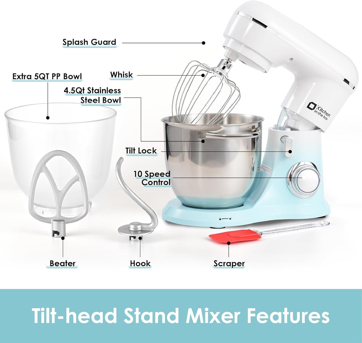 Kitchen in the box Stand Mixer, 5QT + 4.5QT Two bowls Electric Food Mixer, 10 Speeds Kitchen Mixer for Daily Use with Egg Whisk,Dough Hook,Flat Beater (Gradient Blue, 5QT)