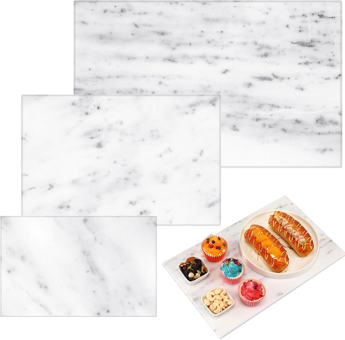 Hushee White Marble Board for Kitchen Marble Serving Tray 3 pcs Different Sizes 9 x 6'' 12 x 8'' 16 x 10'' and Non Slip Feet Pastry Cheese Tray Cutting Board for Pizza Bread Cake Baking Display