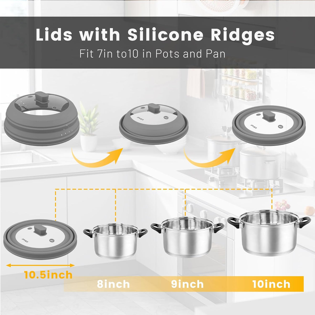 Microwave Splatter Cover, Vented Silicone and Glass Cover Splatter Guard Lid, Food Collapsible Plate Cover Lid with Easy Grip Handle. (Gray, 10.8 inch)