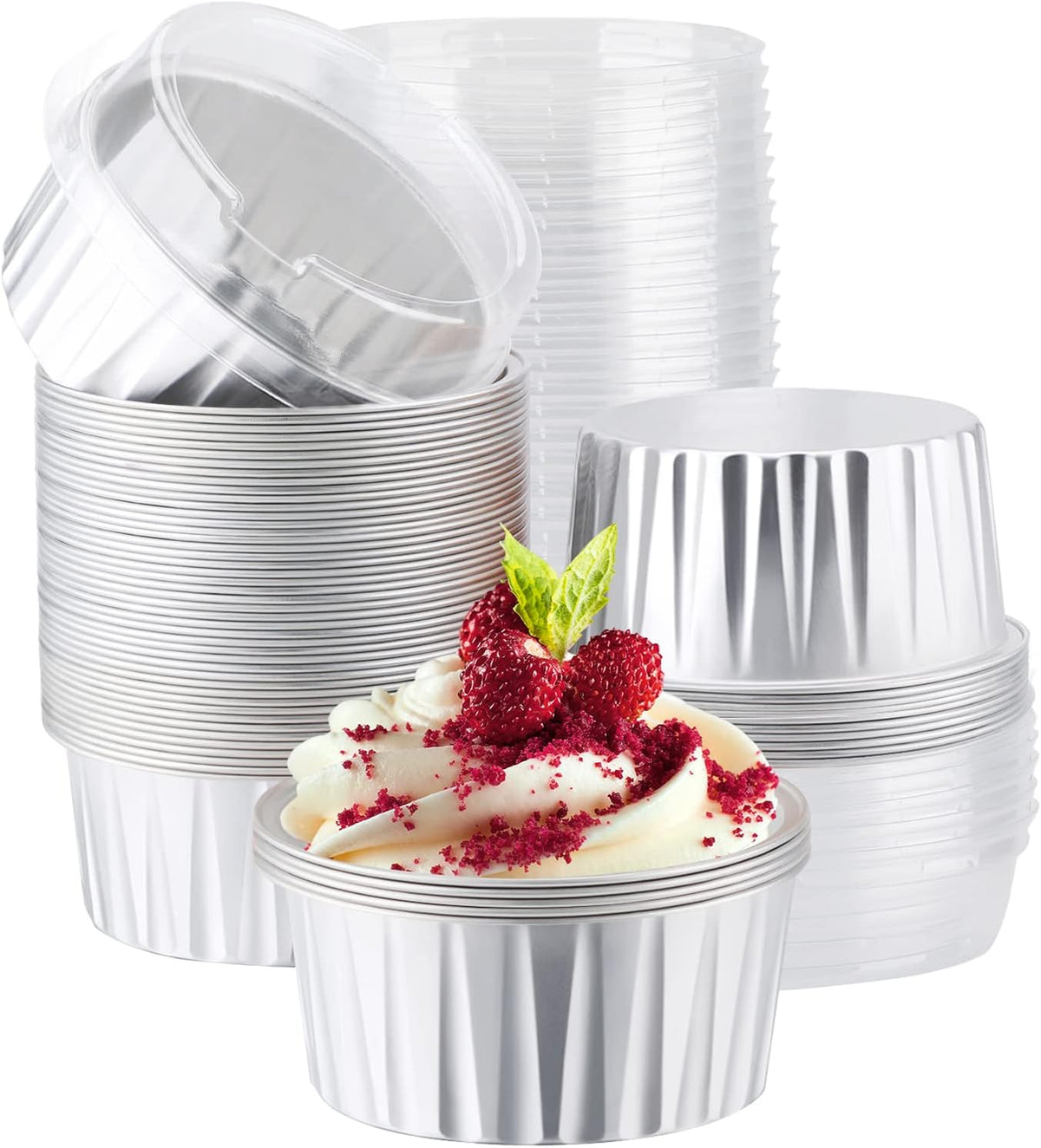 EUSOAR Disposable Creme Brulee Ramekins, Silver 60Packs 5oz Baking Cups with Lids Mini Muffin Liners, Dessert Cheesecake Pan Creme Brulee Cupcake Containers for Catering Gathering Club Wedding Party