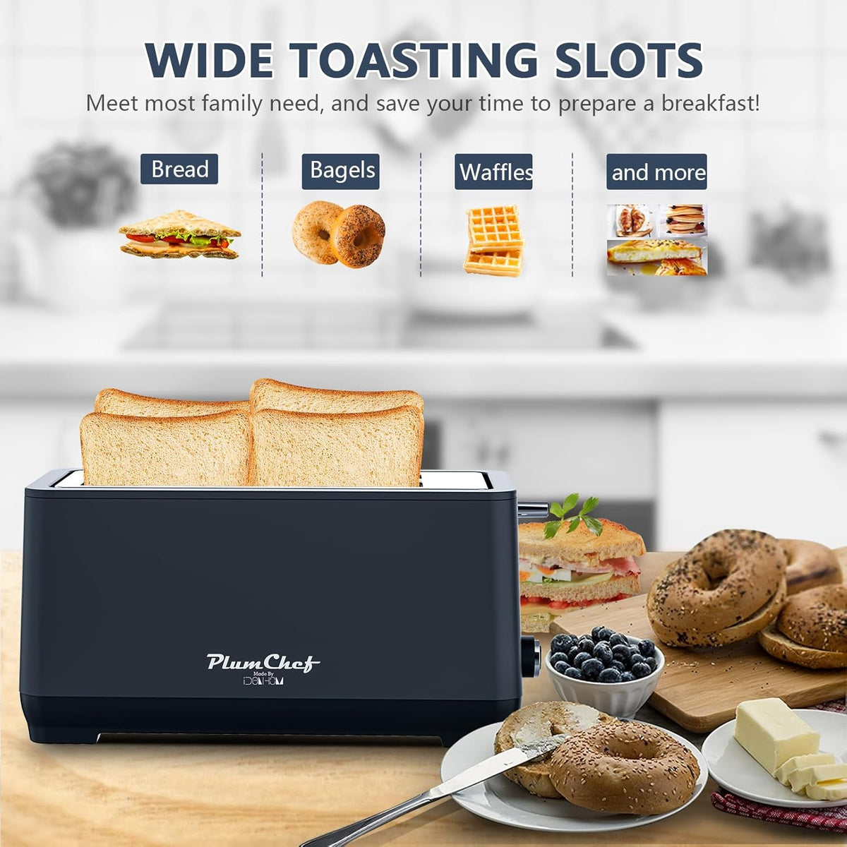 4-Slice Toaster, Extra Wide Long Slot Toaster with Warming Rack, 6 Browning Settings, Bagel/Defrost/Reheat Functions, Removable Crumb Tray, Stainless Steel Housing 1350W (1, Matte Blue)