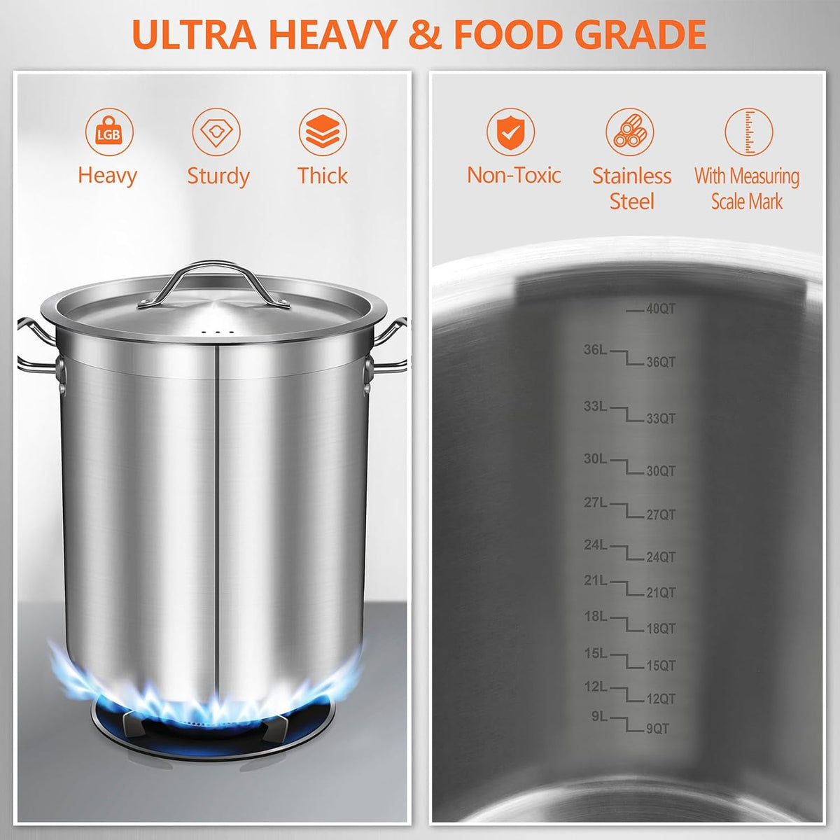 Large Stock Pot with Lid - 40 Quart Stainless Steel Cookware, 10 Gallon Heavy Duty Soup Pot, Big Pots for Cooking, Compatible Induction & Oven