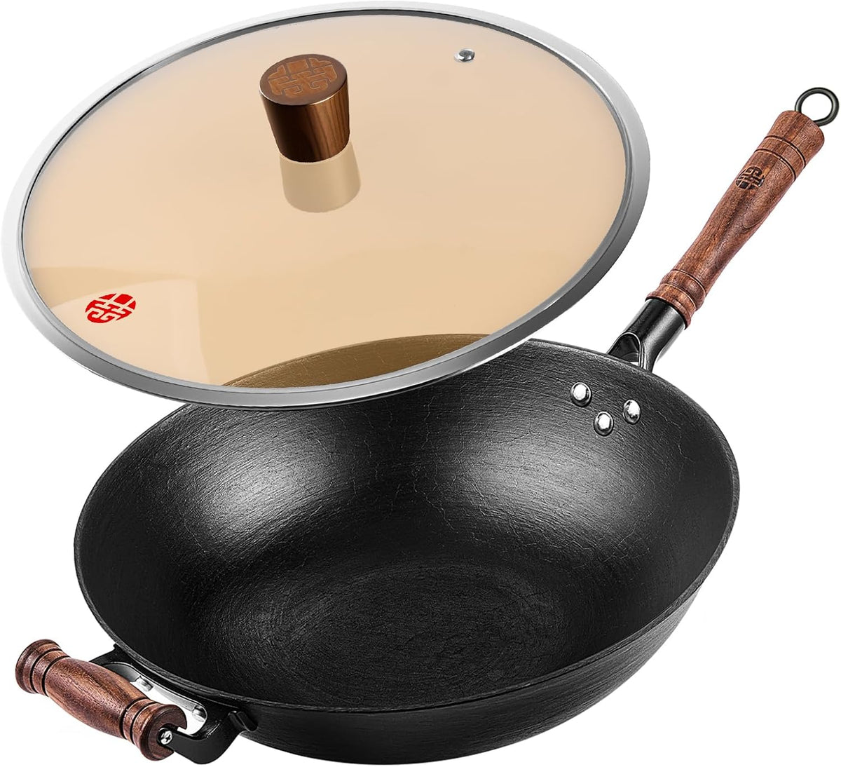 WANGYUANJI 13.4 Inch Cast Iron Wok with Glass Lid – Traditional Flat Bottom Chinese Wok, Heavy Duty Non-Coated Pan for Gas, Induction & Electric Stovetops, Black