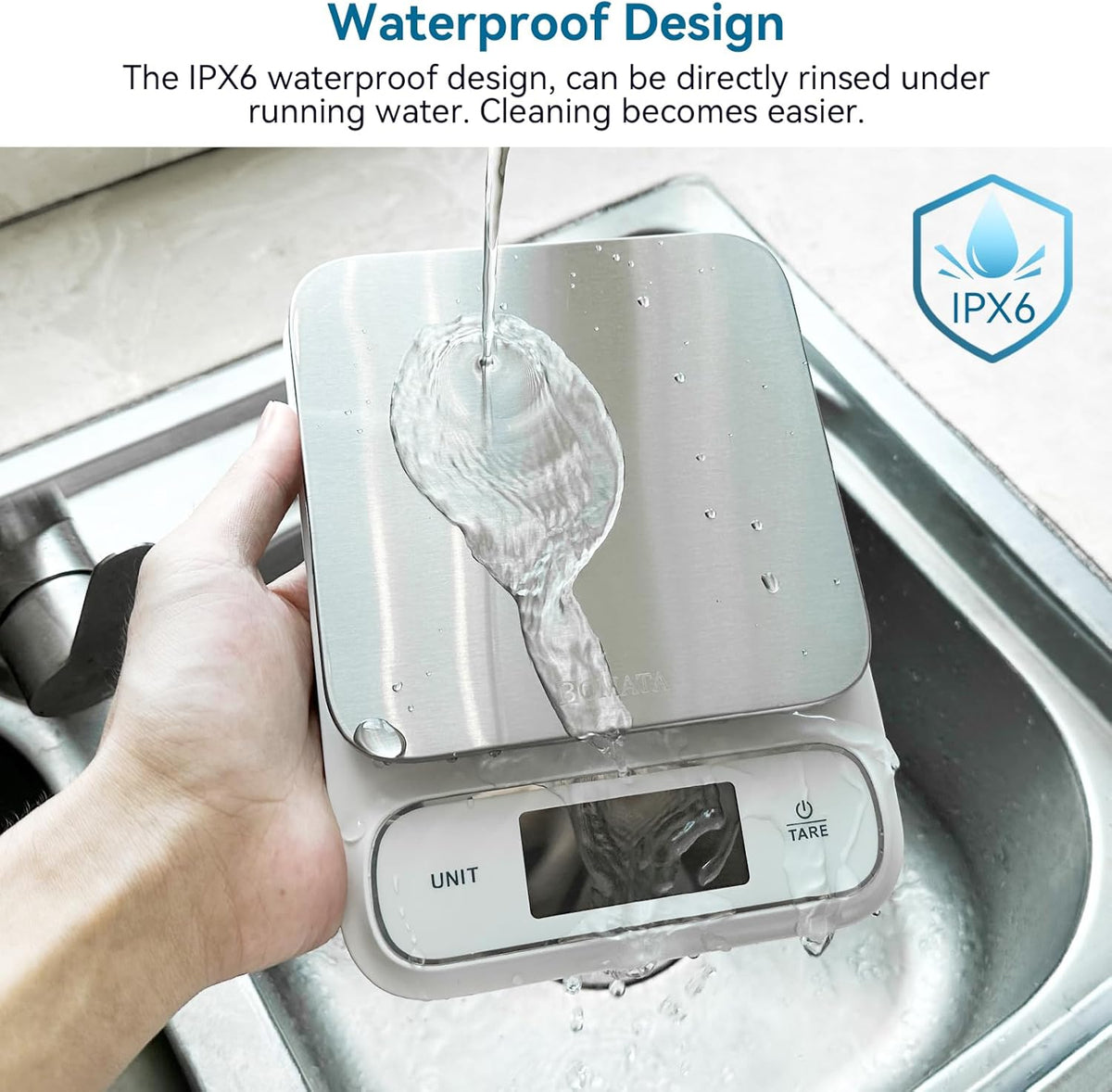 BOMATA Waterproof IPX6 Kitchen Scale, 0.1 g/0.01 oz High Precision, 5 kg/11 lbs, Digital Scale with Backlight, Stainless Steel Weighing Platform, for Food, Cooking, Baking, Weight Loss.. B619, White
