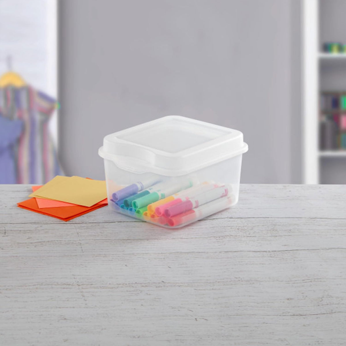 Sterilite 48-Pack Square Small FlipTop, Clear Plastic Storage Box with Hinged Lid - Stackable Multipurpose Organizer for Art and Craft Supplies, Accessories, Photos & CDs, Home or Office Use