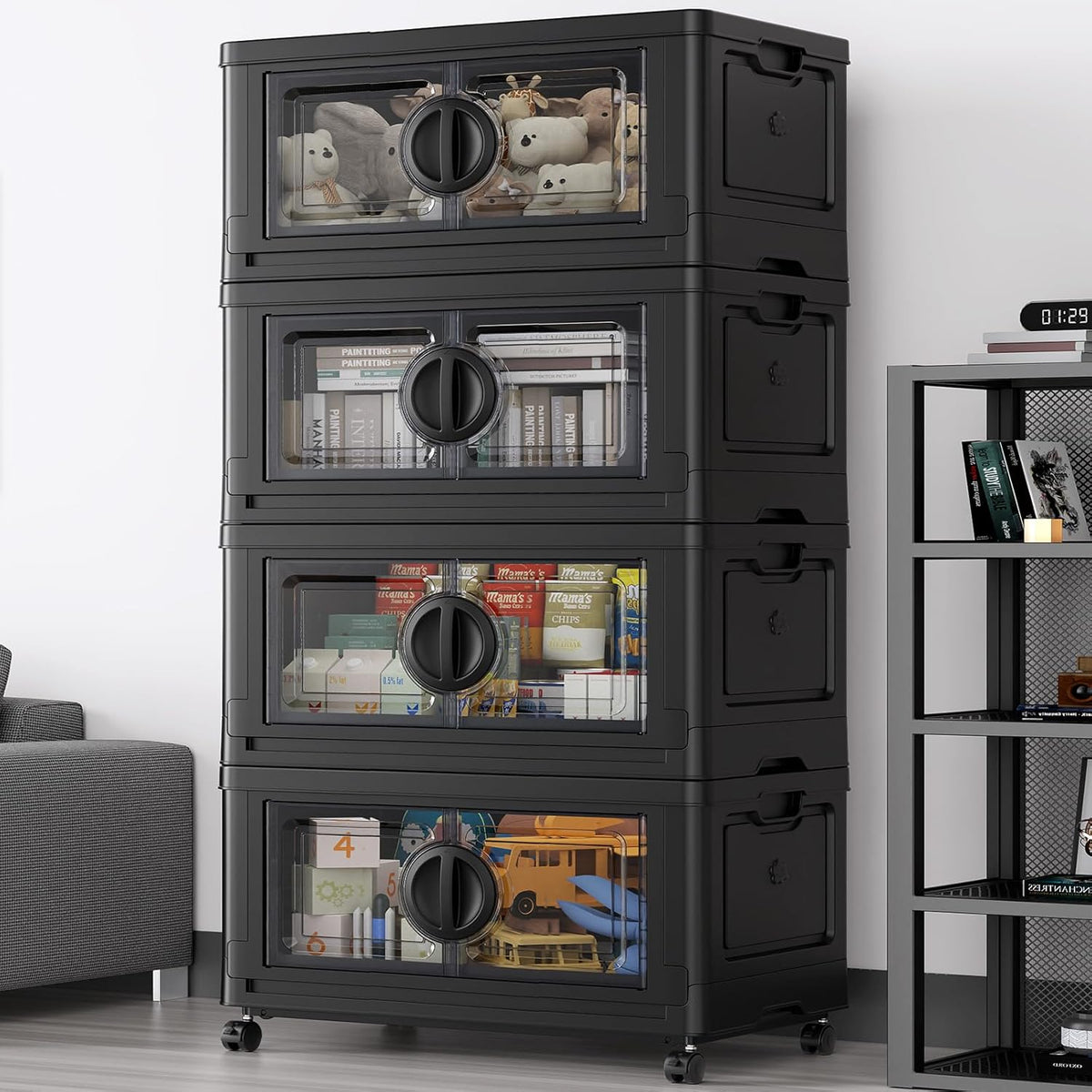 480Qt Lockable Stackable Storage Bins with Lids, Closet Organizers and Storage Drawer, Collapsible Storage Bin with Wheels, Plastic Cabinet for Toy Clothes Dorm Organizer, V9 4 Pack Black
