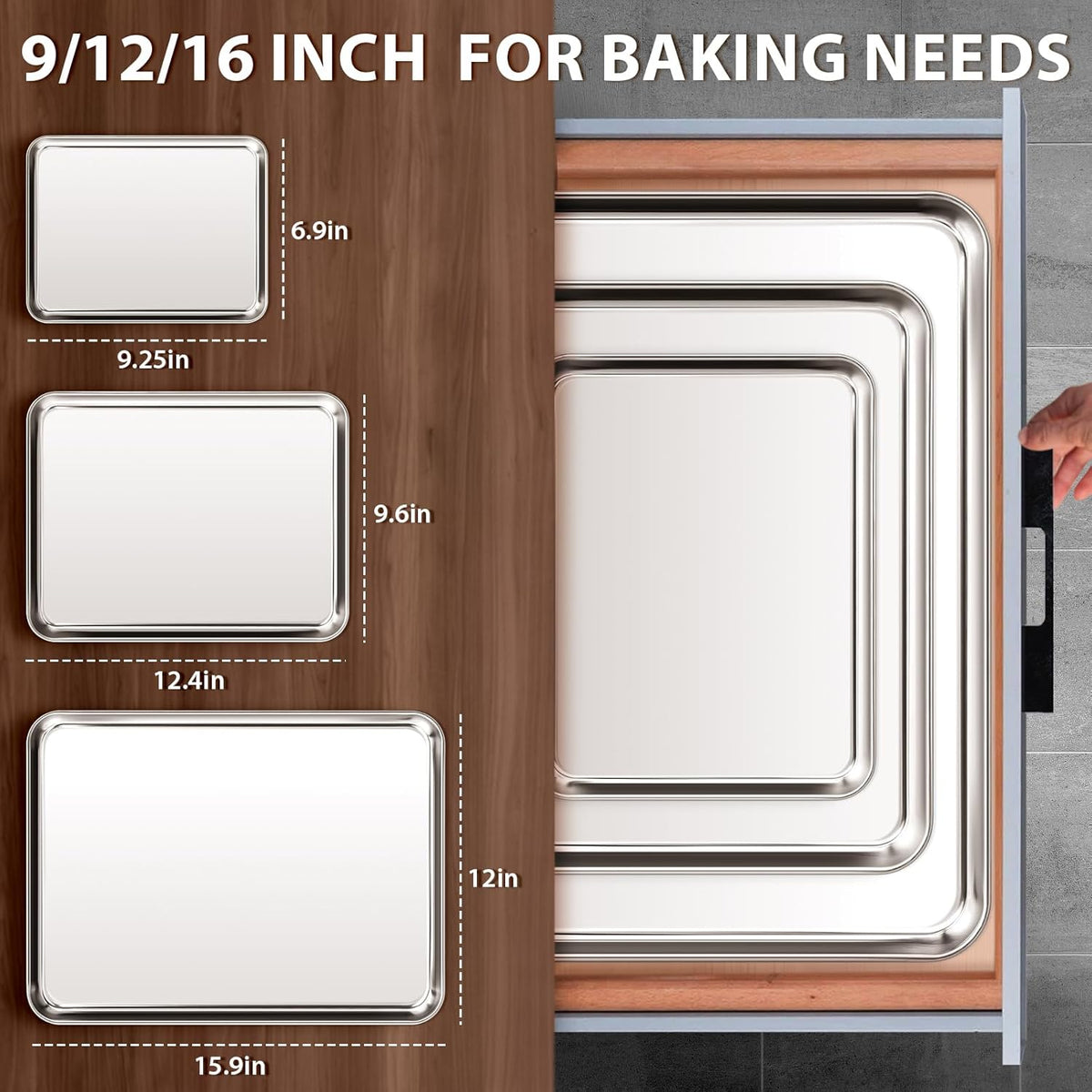 Stainless Steel Cookie Sheets, Baking Sheet Pan Set of 3, Non Stick and Heavy Duty and Easy Clean, 9/12/16 Inch