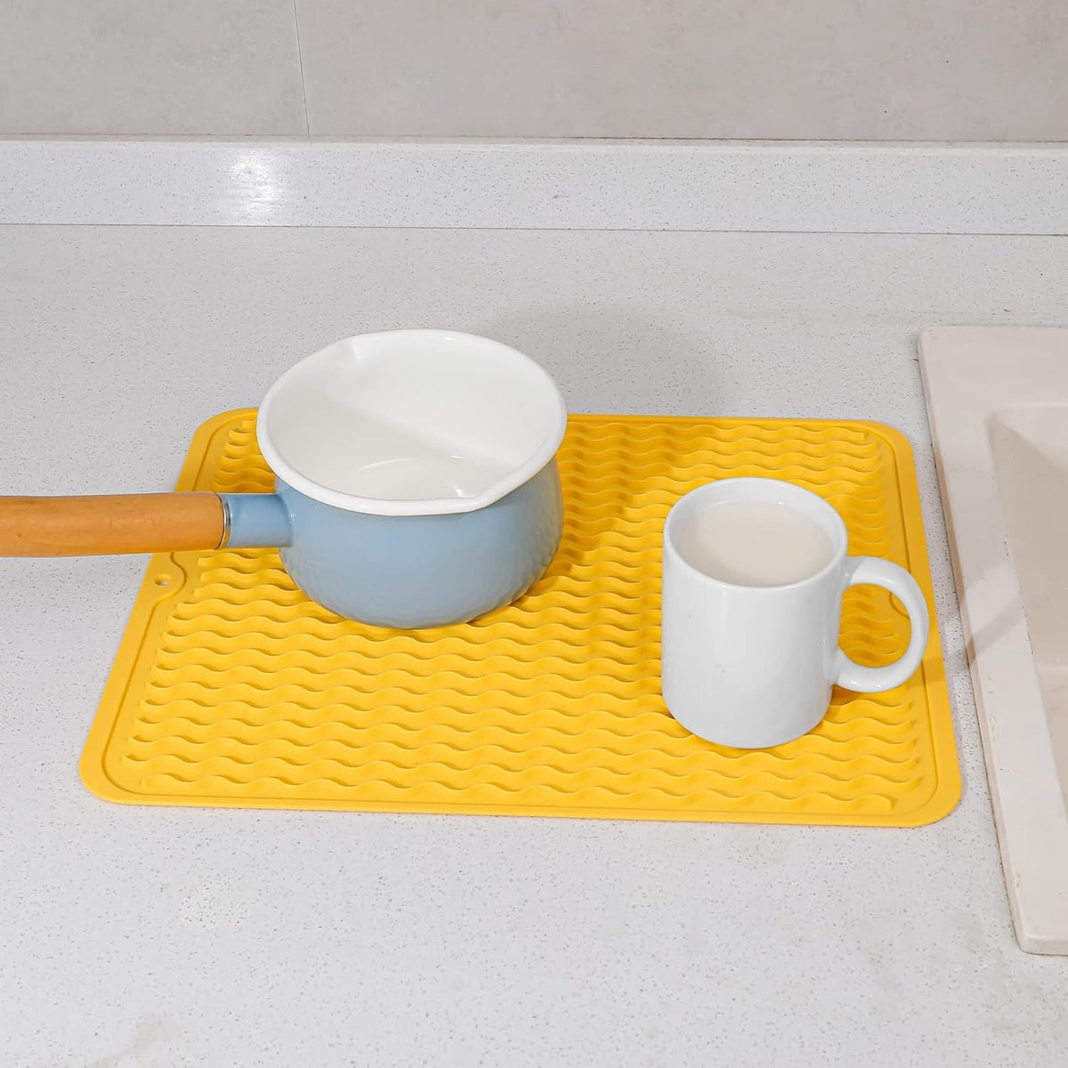 Silicone Dish Drying Mat for Multiple Usage,Easy clean,Eco-friendly,Heat-resistant Silicone Mat for Kitchen Counter or Sink,Refrigerator or drawer liner Yellow L 16 inches x 12 inches