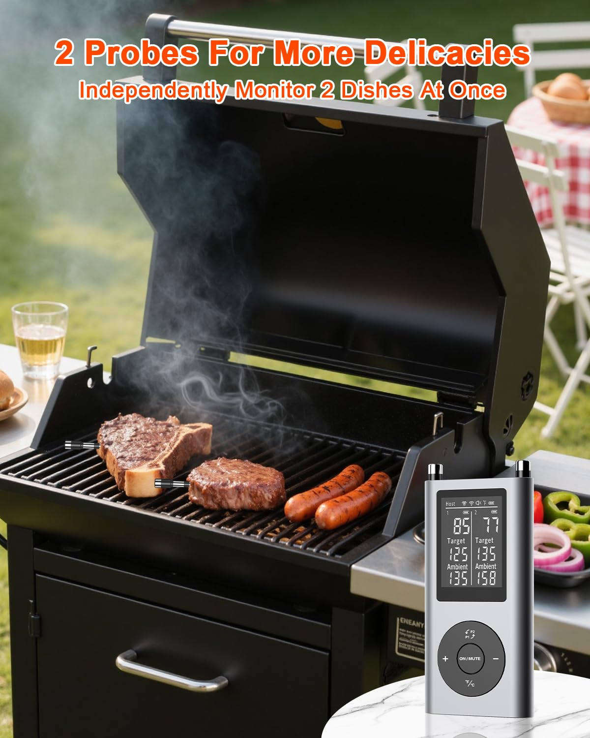 Wireless Meat Thermometer with Smart Timer & APP Alerts, 800ft Bluetooth Grill Food Thermometer, Dual 0.19In-Ultra Thin Probes, ±0.5℉ Accuracy, Big Digital Backlit Screen, for BBQ, Oven, Smoker