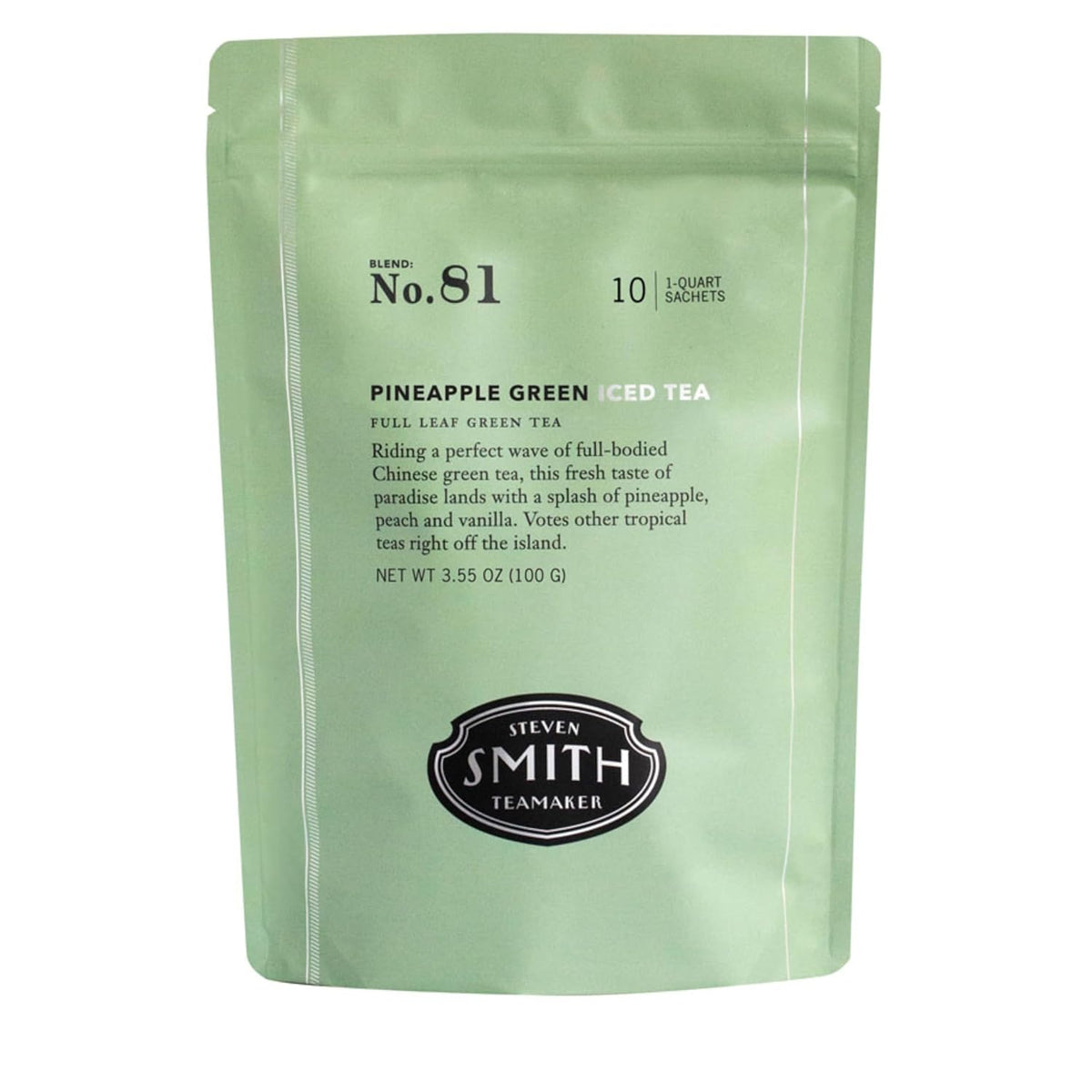 Steven Smith Teamaker Pineapple Green Iced Tea No. 81, Refreshing, Caffeinated, Sustainably Grown, Full Leaf Green Iced Tea, 10 Count, 1 Quart Sachets