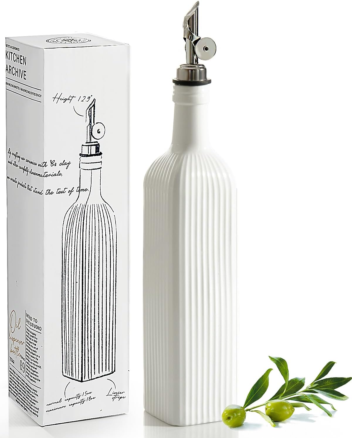 getstar 18 oz Olive Oil Dispenser Bottle for Kitchen, Ceramic Oil Bottle with Automatic Stainless Steel Pourer