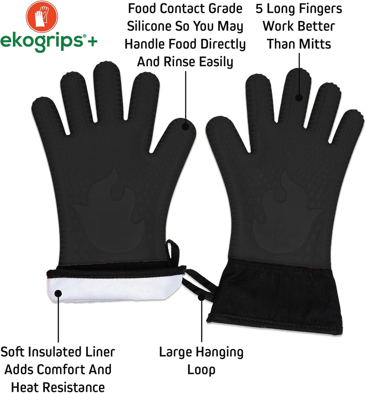 Ekogrips+ Premium Silicone Oven Mitts - Comfy, Waterproof, Heat Resistant BBQ Gloves for Grilling, Long Cuff for Added Protection, 5 Finger Dexterity, 3 Sizes, 4 Colors, L/XL, Black