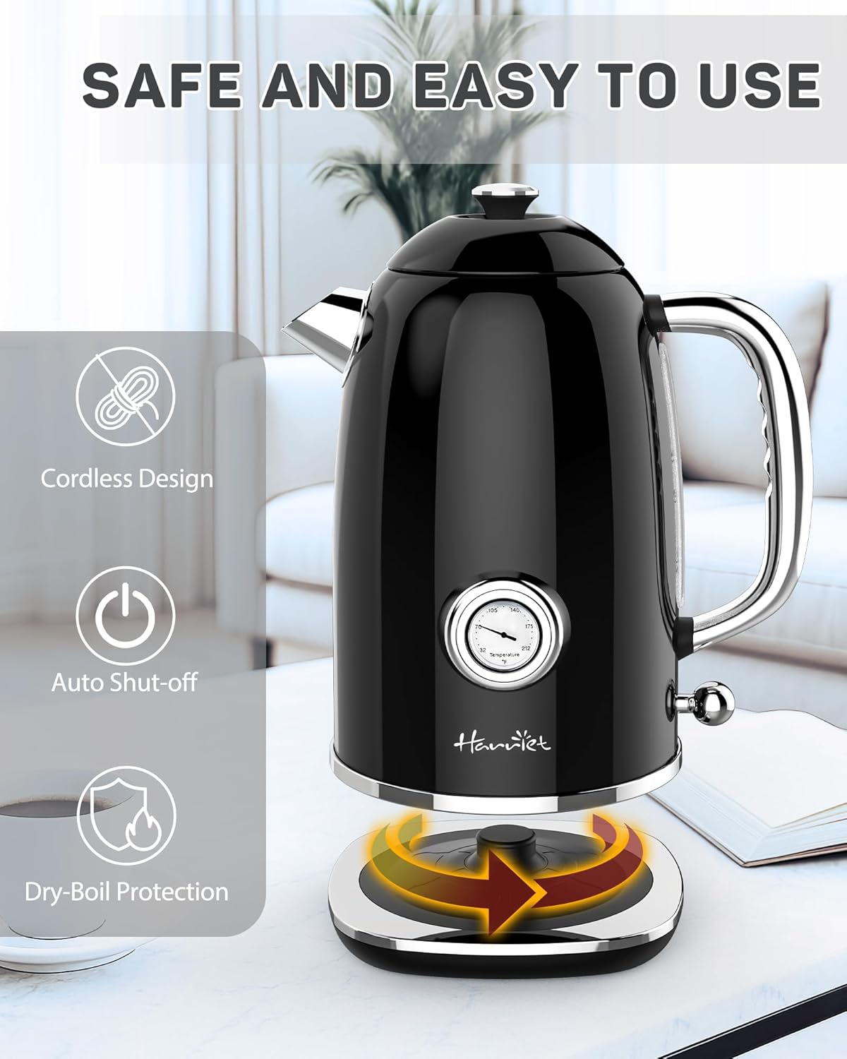 Harriet Electric Kettle, 1.8L Retro Electric Tea Kettle with Thermometer, 1500W Stainless Steel Hot Water Kettle Electric with LED Indicator, Fast Boiling, Cordless, Auto Shut-Off, Black