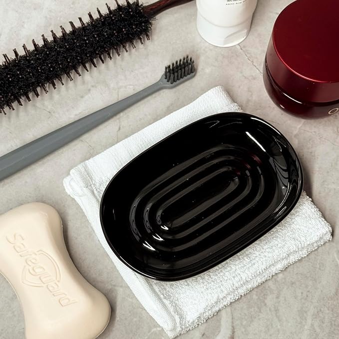 Soap Dish, Ceramic Soap Dish with Marble PatternShower, Soap Saver Tray for Bathroom, Kitchen Sink & Vanity, Multi-Use Holder for Jewelry, Rings, Keys (1 Pack, Black)