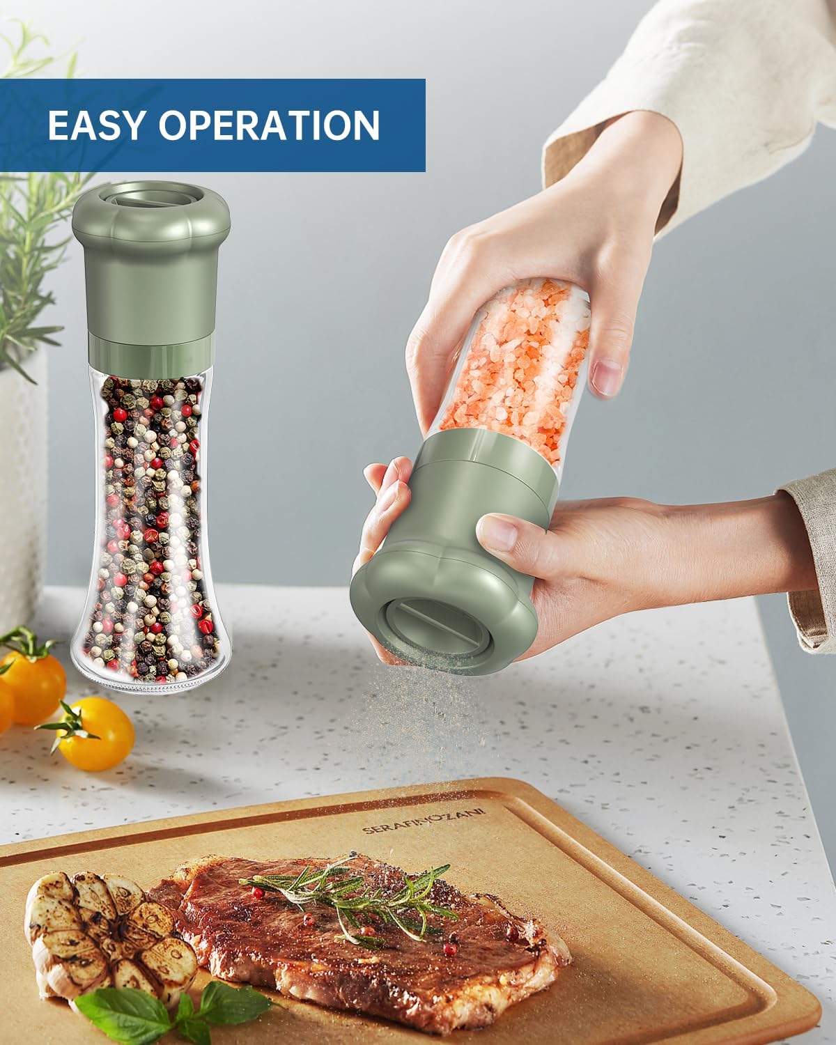 CIRCLE JOY Manual Salt and Pepper Grinder Set For Professional Chef, Refillable Salt and Pepper Shakers with Ceramic Blades, Adjustable Coarseness and BPA-free 180ml Glass Container, Tall Green