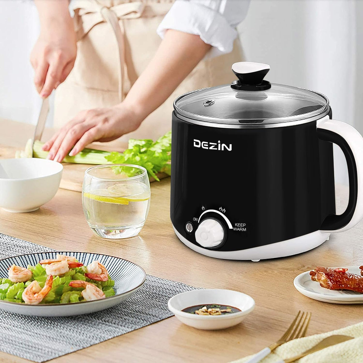 Dezin Hot Pot Electric, Rapid Noodles Cooker, Stainless Steel Electric Pot 1.6 Liter, Perfect for Ramen, Egg, Pasta, Dumpling, Soup, Porridge, Oatmeal with Temperature Control and Keep Warm Function