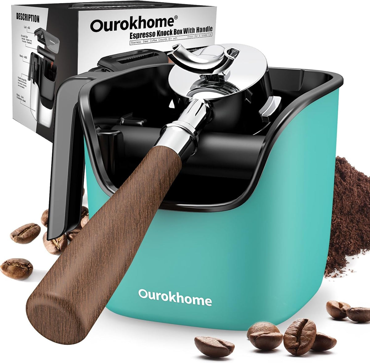 Ourokhome Knock Box Espresso Accessories, The Latest Patented Stainless Steel Espresso Machine Tool for Coffee Ground with Removable Knock Bar, Handle and Lid, Dishwasher safe, 4.8 inch (Mint)