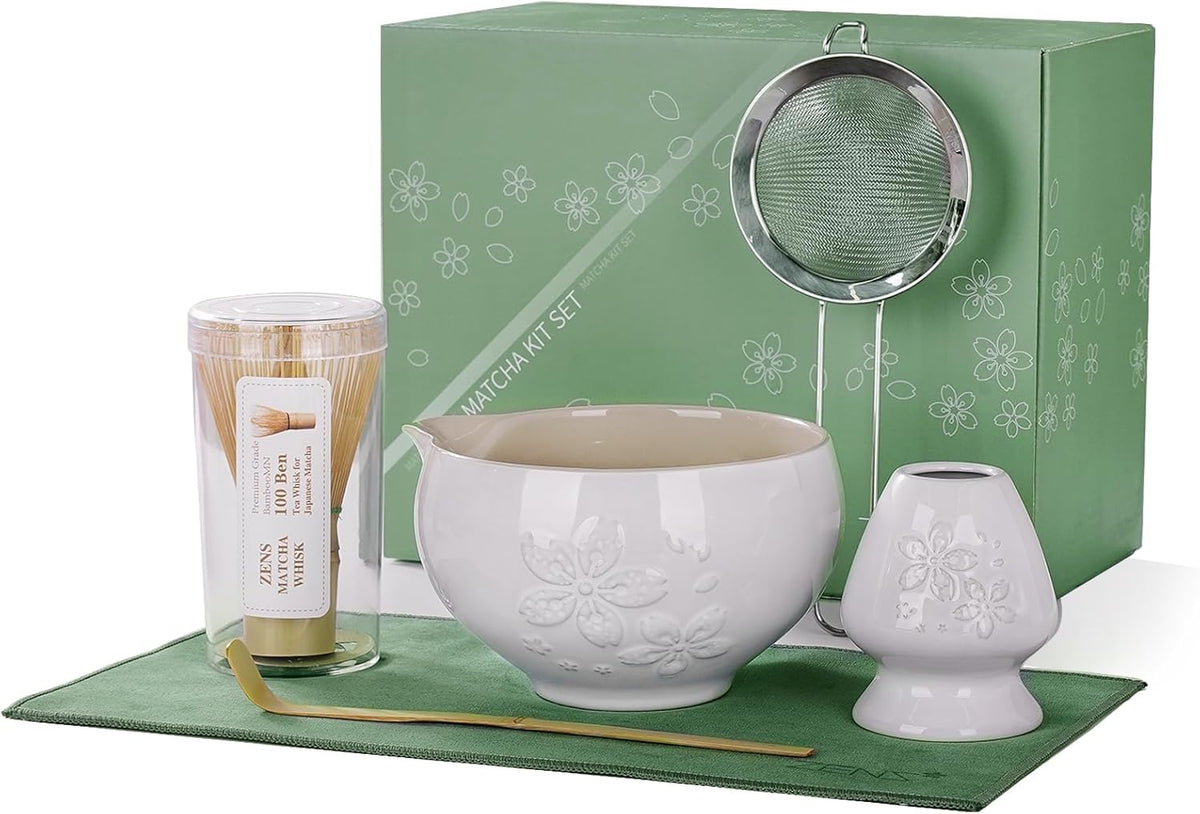 ZENS Matcha Whisk Set, Ceramic Matcha Set Includes 15oz Sakura Bowl, Bamboo Whisk & Chasen Holder, Scoop & Sifter-Tea Towel, 6pcs Matcha Kit for Matcha Lovers, White